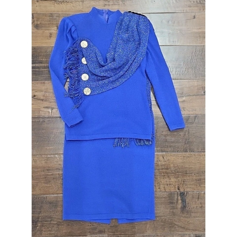 Vintage  2 Piece Knit Sweater Skirt VIANA KNITS Y2K Drape Scarf Gold Buttons...